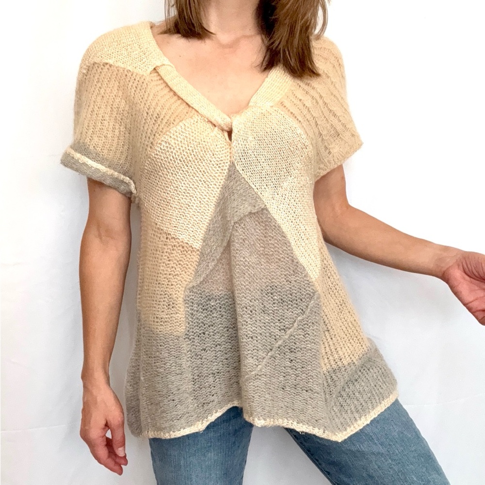 Anthropologie wool mixed knit patchwork twist neck sweater gray peach size small